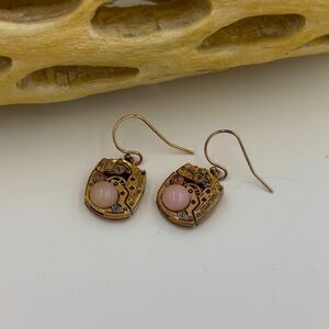 Elegant Genuine Rose Quartz & Gold Earrings Steampunk Handmade Found Old Stock